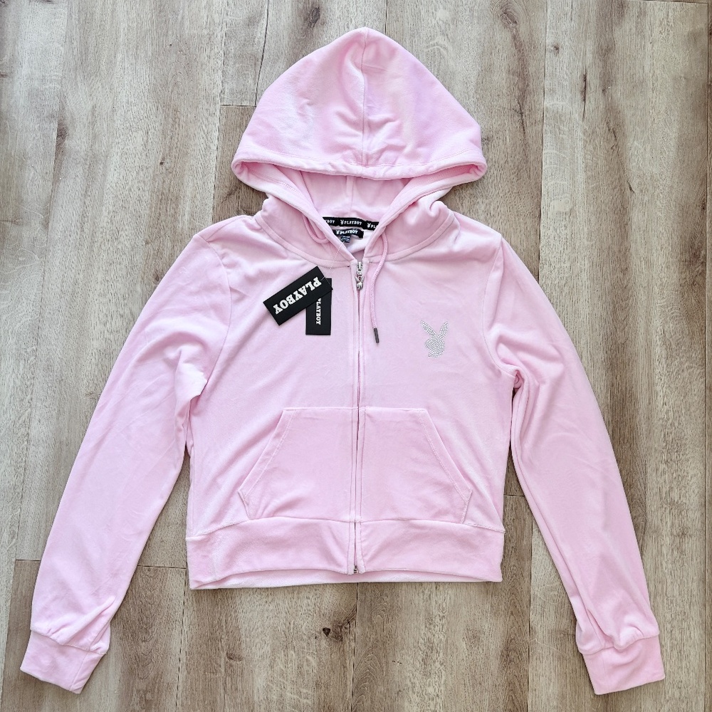 Playboy, Zip Up, Hoodie, Pink, Rhinestone, Velour, Loungewear, Size M, NEW - Picture 7 of 16